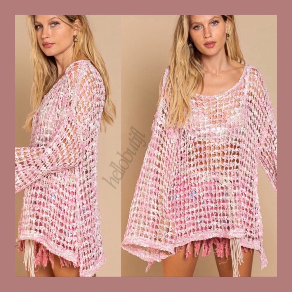 POL Pink Cream Fishnet Sweater Loose Knit Fishnet Tunic Sweater - Picture 10 of 14